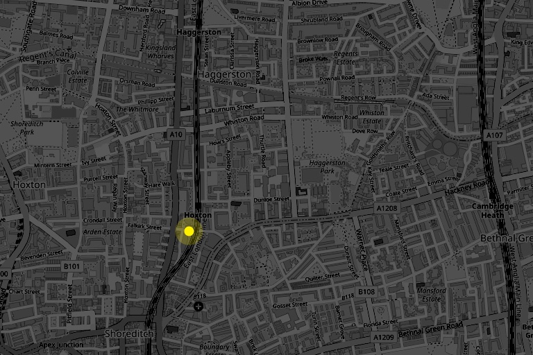 Map showing the Museum of the Home on Kingsland Road, opposite Hoxton station