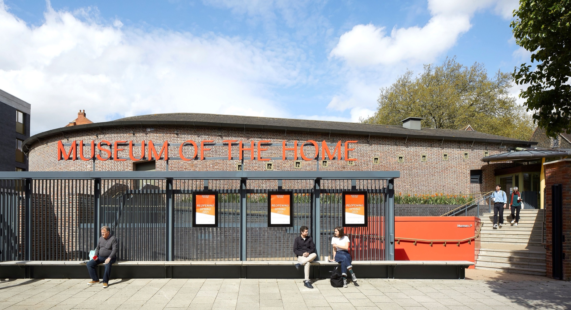The Hoxton entrance to the Museum of the Home, its name in red letters along the frontage